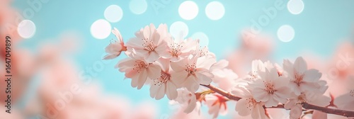 Delicate Cherry Blossom Branch Against a Soft Blue Sky, Petals Falling Gently in Springtime Bliss
