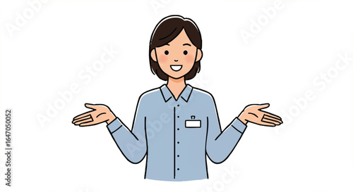 Smiling woman in a blue uniform with short brown hair and an open-handed welcoming gesture.