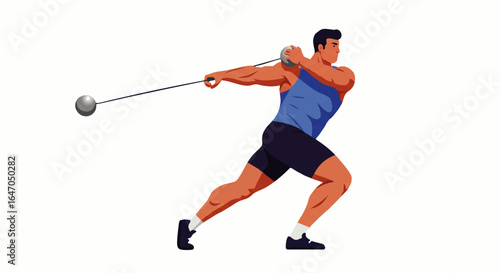 Strong male athlete in a dynamic pose, swinging a hammer for a powerful throw.