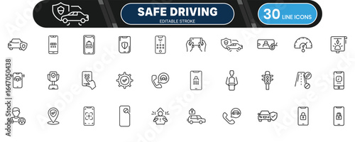 Safe Driving and Mobile Lock Line Icon Set for Transportation, Security, and Driver Assistance Apps