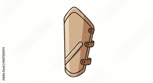 Stylized cartoon illustration of a beige leather greave, an ancient leg armor piece with three fastening straps and buckles.