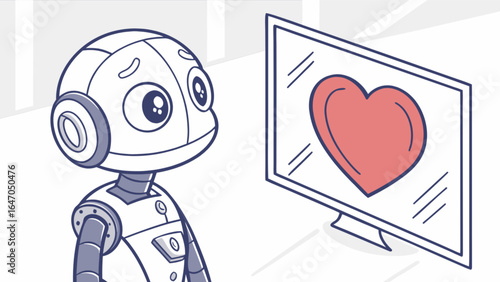 Robot watching heart on tv screen vector illustration for technology and ai love concept design art 100