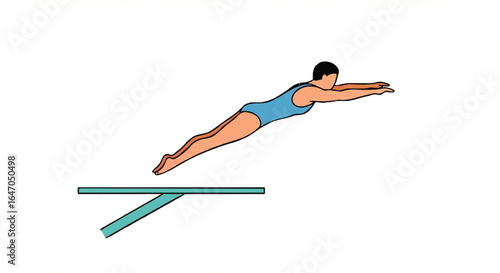 Stylized cartoon diver in a blue swimsuit executing a forward dive from a springboard.