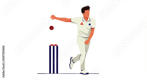 Stylized illustration of a cricket bowler in a white uniform during a bowling action.