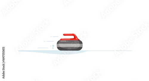 Stylized grey granite curling stone with a bright red handle, sliding across a blue ice surface.