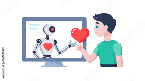 Robot love and ai romance concept with human and artificial intelligence sharing heart online connection