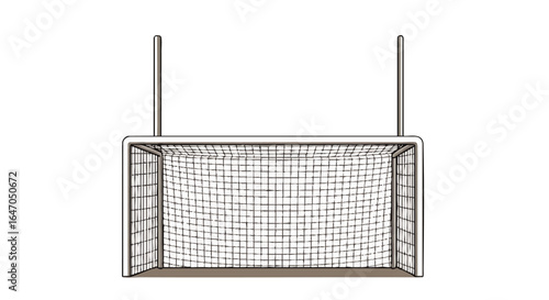Stylized illustration of a soccer goal with a white frame, black mesh net, and upright support poles.