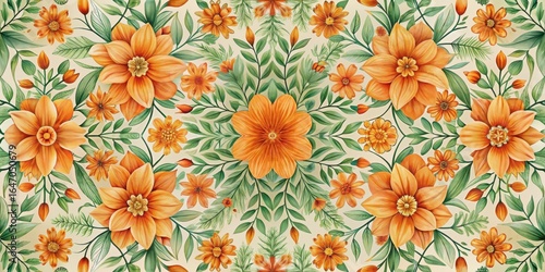 Wallpaper Mural Fabric pattern with beautiful orange flowers in a symmetrical square design featuring delicate petals and soft green stems amidst lush foliage Torontodigital.ca