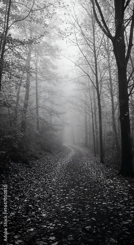 Obraz premium Foggy Forest Path: A Black and White Landscape