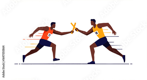 Two male athletes in a dynamic relay race, passing a yellow baton in a flat graphic style.