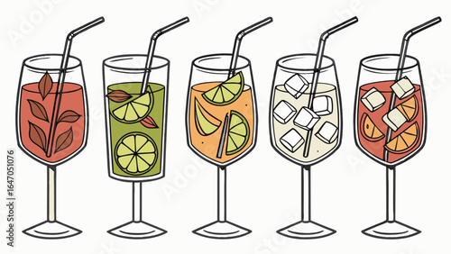 Refreshing summer cocktails vector illustration with various fruit flavors and ice cubes perfect for menu design