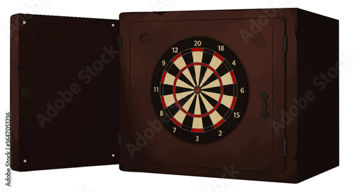 Vintage Wooden Safe with Integrated Dartboard and Open Door