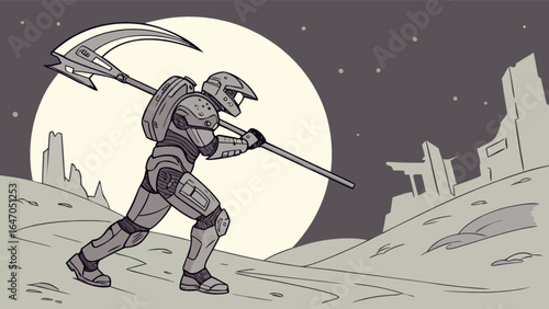 Sci fi warrior with scythe in futuristic landscape vector art illustration for digital design and print media