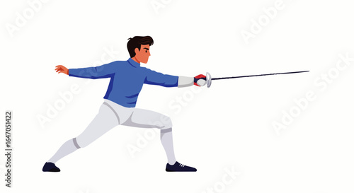 Young male fencer in a blue jacket and white breeches, holding a foil in a dynamic lunge pose.