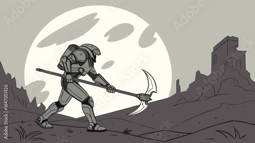 Futuristic warrior with halberd in desolate landscape digital art illustration concept design art style