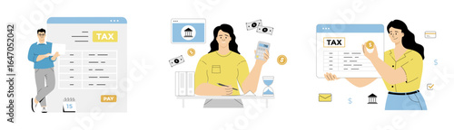 Online Tax payment. Government taxation concept. Data analysis, paperwork, financial research, report. Tax form web page. Flat vector illustration isolated on white background.	

