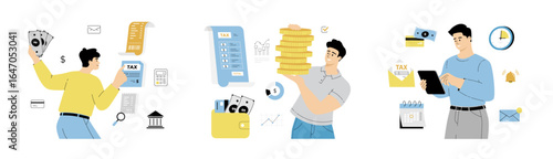 Tax payment. Government taxation. People pay their tax bills. Flat vector illustration isolated on white background.	
