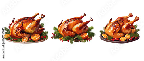 set of roasted christmas turkey with vegetables on plate vector graphic design