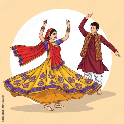 Indian Couple Dancing Garba in Vibrant Traditional Attire