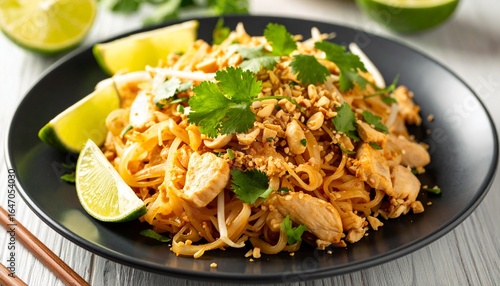 Close up of flavorful Pad Thai noodles with chicken, peanuts, and fresh coriander garnished with lime wedges