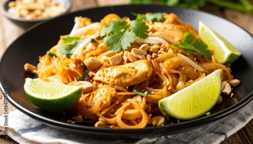 Delicious close up of pad thai noodles with chicken, peanuts, and fresh coriander garnished with lime wedges