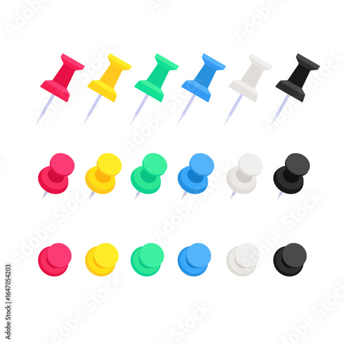 Set of simple flat colored push pins in different position. Vector illustration isolated on white background