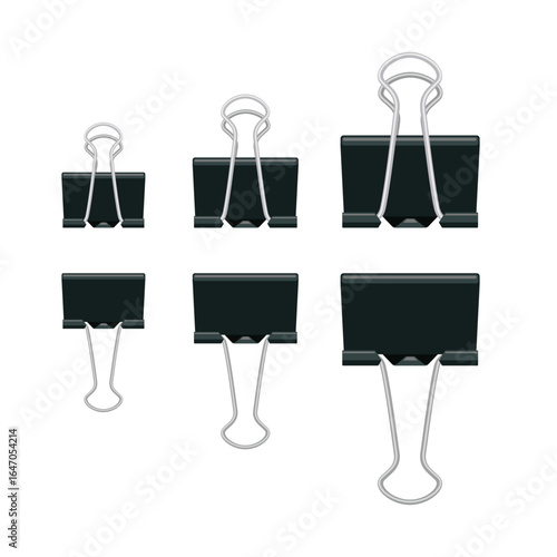 Set of black binder paper clips. Vector illustration isolated on white background