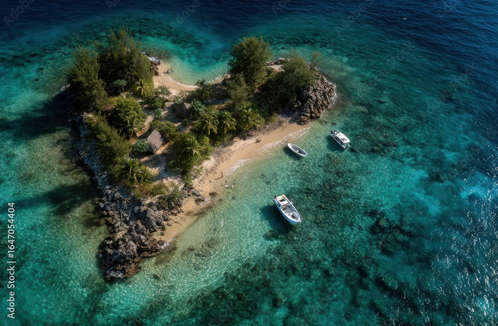 Fototapeta premium Aerial view of a heart-shaped tropical island with boats and crystal waters