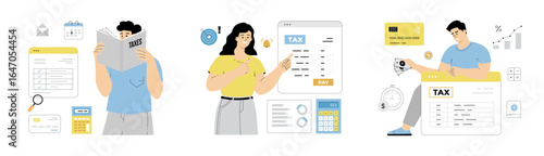 Online tax payment. Tax calculation, making income tax return. Personal financial account. Flat vector illustration isolated on white background.	

