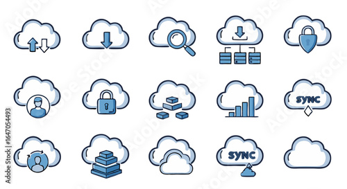 Modern cloud computing icons, file sharing and data storage solutions for business and professional usage