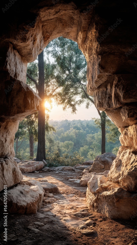 Obraz premium Discover Sustainable Finance Growth with a Stunning View of Nature Through a Cave's Entrance