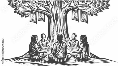 Illustration of people sitting in a circle under a tree with hanging books in black and white drawing style silhouette