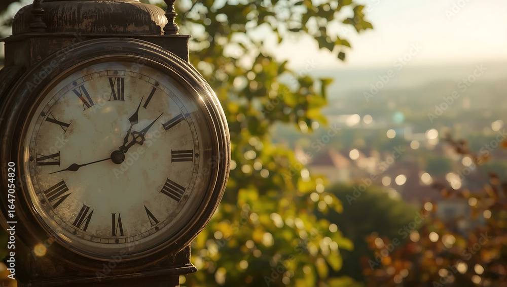 Fototapeta premium The image features a vintage clock with Roman numerals, set against a blurred background of greenery and distant scenery in a soft, warm light.