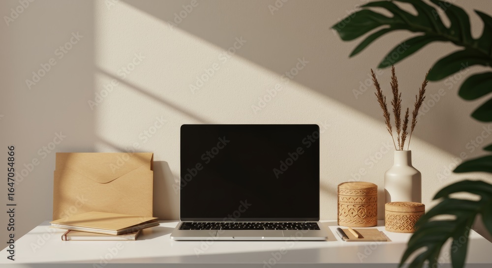 Fototapeta premium A minimalist desk with a laptop and plant shadows.
