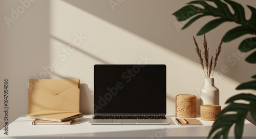 Wallpaper Mural A minimalist desk with a laptop and plant shadows.

 Torontodigital.ca