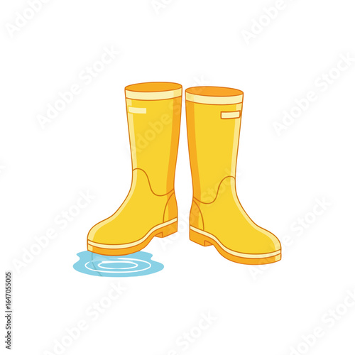 Cheerful yellow rain boots keeping feet dry in puddle, perfect for rainy day adventures