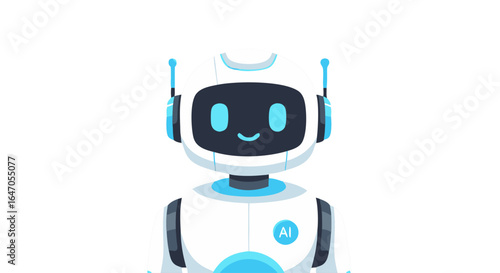 Friendly robot character with a happy expression promotes AI in a modern, simple design