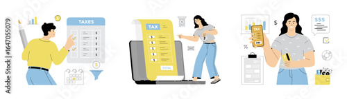 Online tax payment. Tax calculation, making income tax return. People pay tax bills online on the website form via laptop, phone. Flat vector illustration isolated on white background.	
