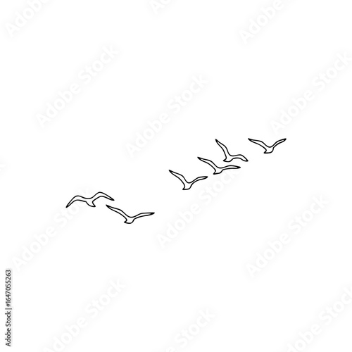 Minimalist flock of birds in graceful flight, freedom concept, clean modern graphic design element, soaring