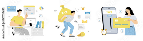 Tax Payment, Calculation, making income Tax Return. Pay bills online on the website form and high taxes concept. Flat vector illustration isolated on white background.	
