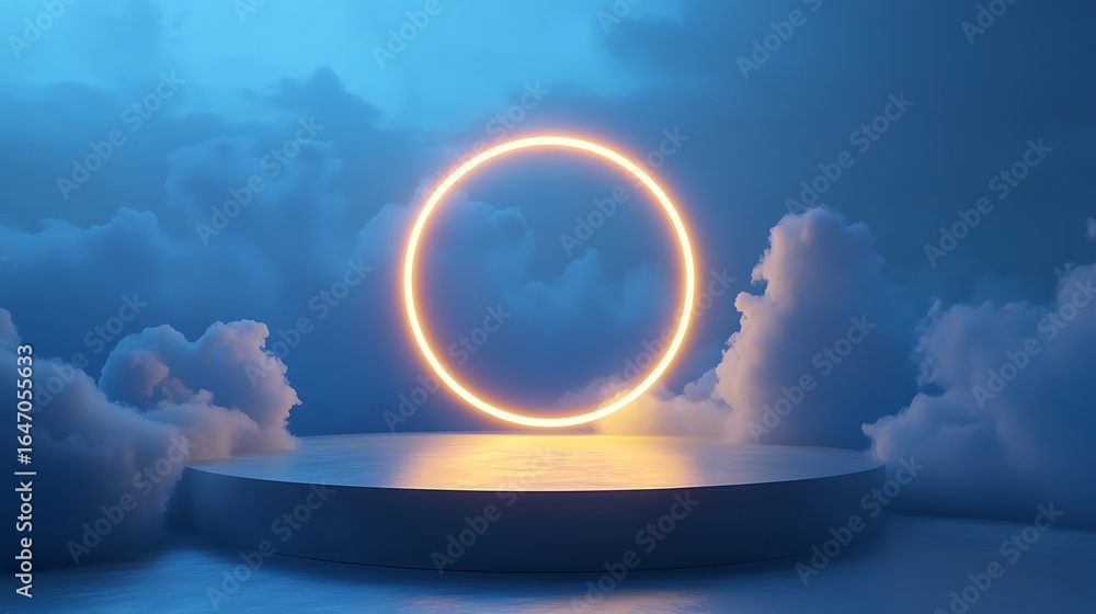 Obraz premium Blue Glowing Circular Light on a White Stand with Clouds