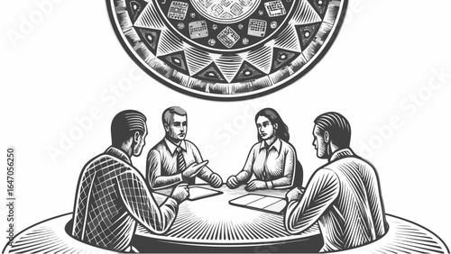 Four people in a business meeting at a round table with a decorative overhead element design above them silhouette
