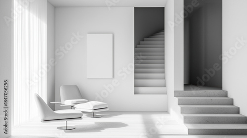 Minimalist style with clean lines, monochrome palette (white), smooth surfaces, high contrast, sharp focus, simple composition, and abstract forms in a spacious, balanced design.