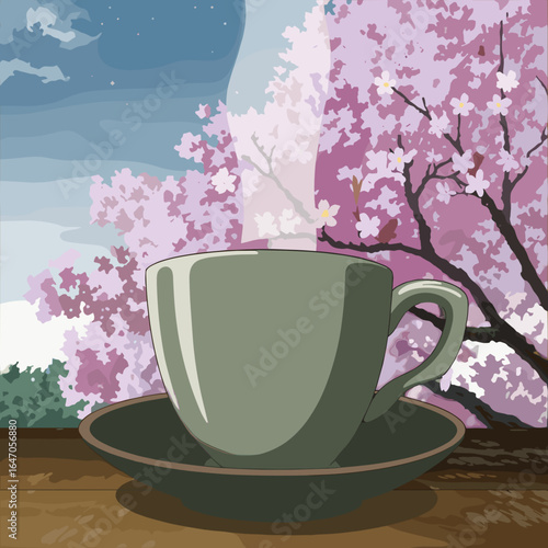 Anime-style teacup with cherry blossoms and starlit sky