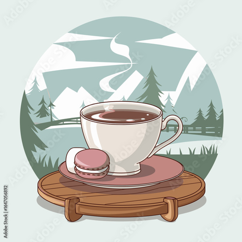 Anime-style teacup with steam and dessert in tranquil landscape