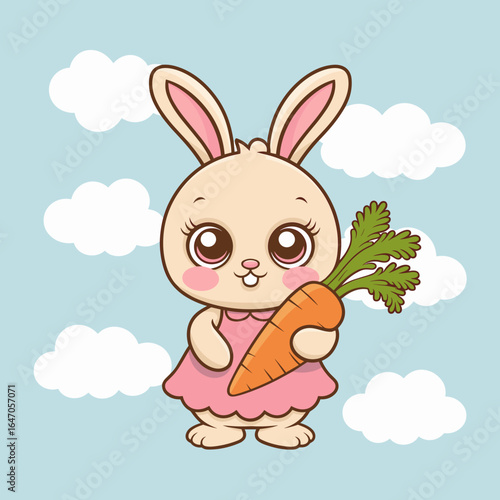 Kawaii baby bunny in pink dress holding carrot under blue sky