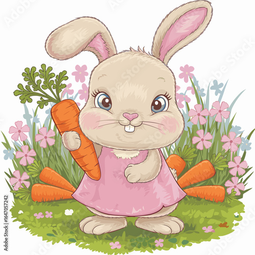 Kawaii baby bunny in pink dress with carrot in flower garden