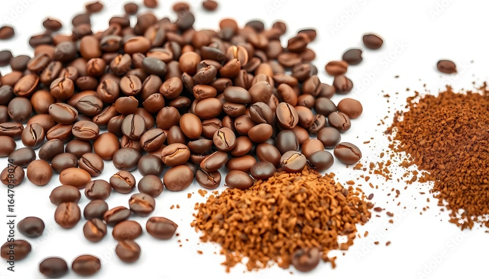 Fototapeta premium Roasted coffee beans, whole & ground, rich textures and colors, isolated on white , macro, color