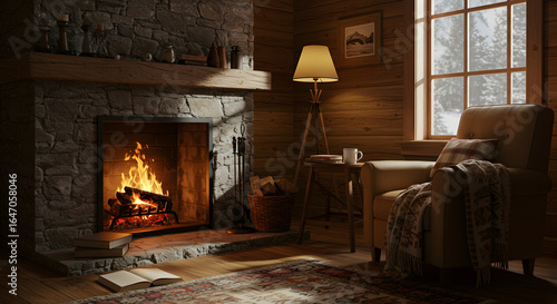 Inviting cabin interior with a cozy fireplace radiating warmth and a comfortable armchair, perfect for a relaxing