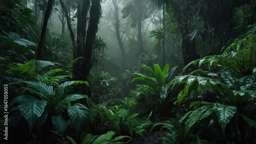 Fototapeta Naklejka Na Ścianę i Meble -  Moody rainforest under heavy rain, thick mist and lush foliage, dark green cinematic jungle background